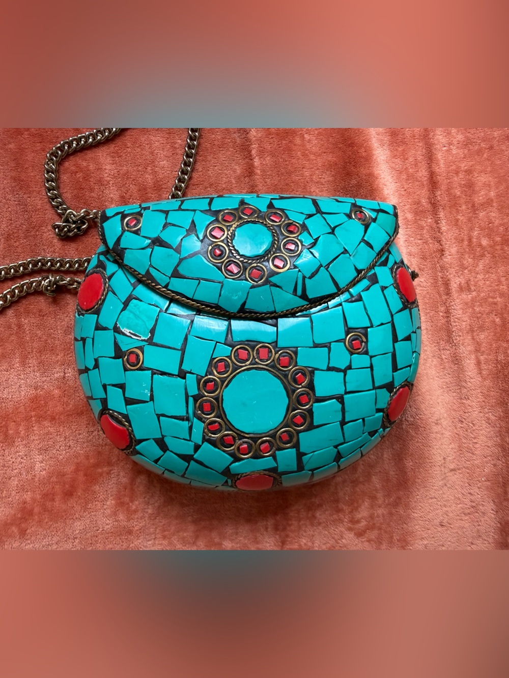 Handcrafted Turquoise Mosaic Crossbody Bag with Red Accents
